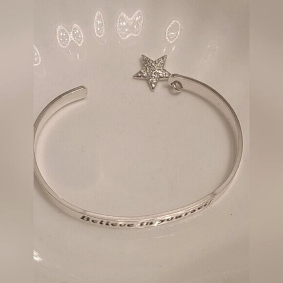 Silver Plated Affirmation Open Cuff Bangle Bracelet Star Charm - Picture 4 of 4